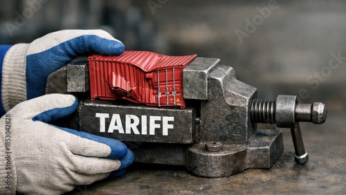 Import Tariffs policy impact concept. A hand holding a vise compressing objects labeled 