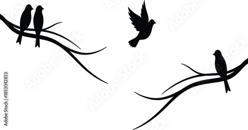 Bird silhouettes, flying bird, perched birds, branch, nature, minimalist vector, black illustration, wildlife, elegant design, peaceful, artistic, clipart
