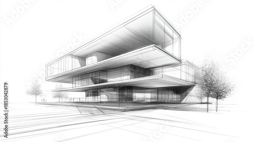 Modern Architecture building construction perspective design, building sketch line drawing on white background