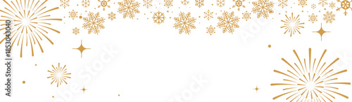 Festive golden Christmas and New Year background with hanging star ornaments, snowflakes and fireworks on white, elegant holiday banner for seasonal greetings, invitations and celebrations.