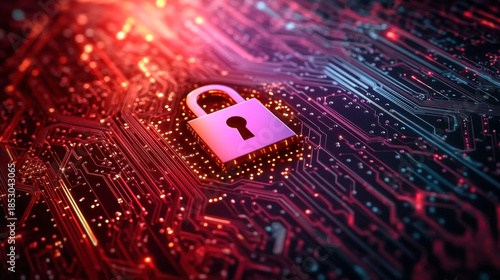 glowing digital lock streams of binary code and data points