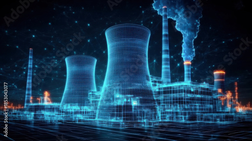 digital art rendering of the nuclear power plant with blue glowing accents