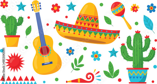 Festive Mexican Fiesta Vector Illustration Set with Sombrero Guitar Cactus Maracas and Flowers for Cinco De Mayo Celebration