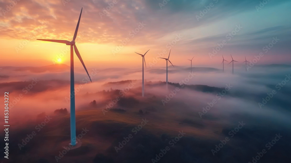 Obraz premium Aerial view of wind turbine sunrise in forested with fog . Sustainable development