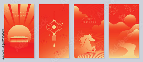 Happy Chinese New Year 2026 vector poster set with horse, plum blossom and cloud pattern in red and gold. Festive lunar holiday design for greeting cards, banners, invitations and prints.