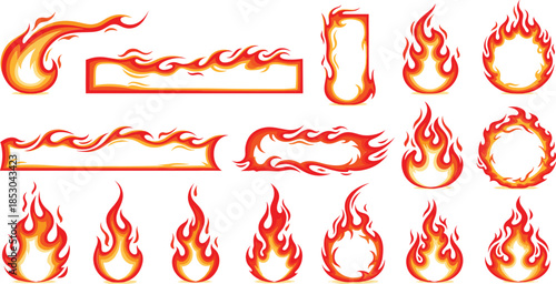Fire flames vector illustration set with burning elements fire frames borders and realistic cartoon flame effects