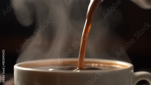 Hot Coffee Pouring with Swirling Steam in 4K – Cinematic Close-Up Beverage Motion/湯気が立ち上るホットコーヒーを注ぐ瞬間、4Kシネマティックなクローズアップ映像
