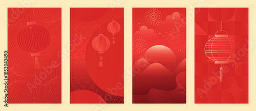 Happy Chinese New Year vector red and gold greeting card set with lantern tassel knot and traditional ornaments. Festive holiday design for invitations banners posters and packaging.