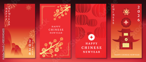 Happy Chinese New Year vector poster set with lantern, temple, fireworks and geometric pattern in red and gold gradient background. Festive design for cards, banners and invitations.