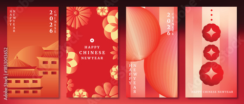 Happy Chinese New Year vector poster set with lantern, temple, fireworks and geometric pattern in red and gold gradient background. Festive design for cards, banners and invitations.