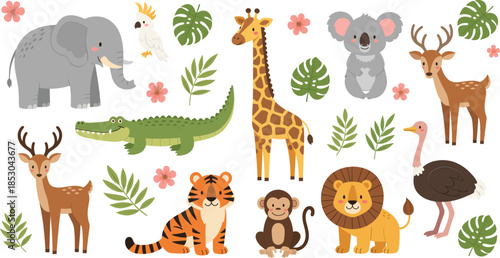 Cute wild animals vector illustration set with safari jungle creatures leaves flowers and cartoon characters