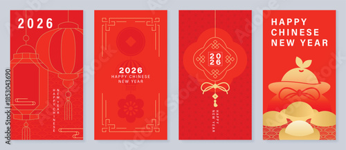 Happy Chinese New Year vector red and gold greeting card set with lantern tassel knot and traditional ornaments. Festive holiday design for invitations banners posters and packaging.
