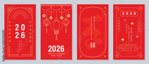 Happy Chinese New Year vector red and gold greeting card set with lantern tassel knot and traditional ornaments. Festive holiday design for invitations banners posters and packaging.