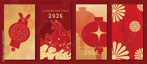 Happy Chinese New Year 2026 vector poster set with horse, plum blossom and cloud pattern in red and gold. Festive lunar holiday design for greeting cards, banners, invitations and prints.