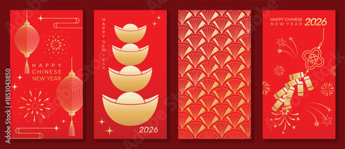 Happy Chinese New Year 2026 vector poster set with lantern, gold ingot, fan pattern and firecracker fireworks on red background. Festive lunar holiday design for greeting cards, banners, invitations a