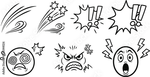Comic boom cartoon effect line element set. Comic speech bubble pow, boom text, explosive splash smoke, wow cartoon vector icon. Hand drawn sketch doodle