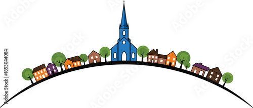 Colorful village church illustration on curved horizon, small town community landscape, peaceful neighborhood houses, flat design countryside scene style vector