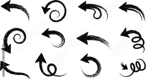 Grunge hand drawn black ink brush strokes set with paint splatters and arrows