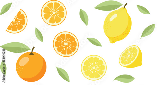 Fresh citrus fruits vector illustration with oranges and lemons slices leaves flat style on blue background
