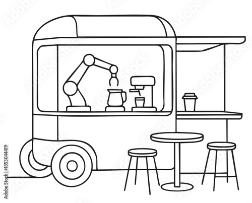 Robot bartender. Line sketch modular autonomous kitchen robot on white background