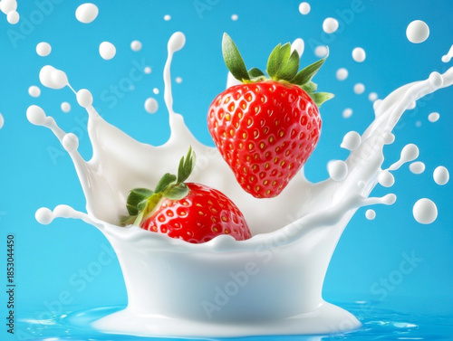 Milk Splash With Strawberry On Blue Background