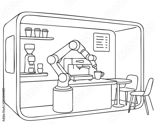 Robot bartender. Line sketch modular autonomous kitchen robot on white background