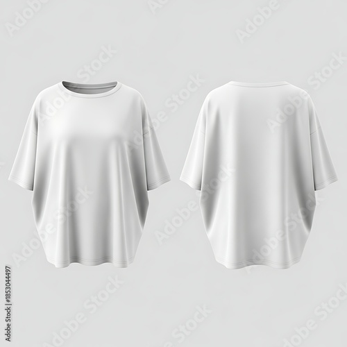 A white, oversized t-shirt is displayed in two views front and back. The fabric drapes loosely, with short sleeves and a round neckline. The backdrop is neutral