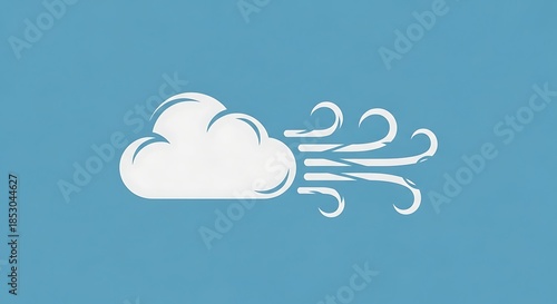 A white puffy cloud with stylized wind lines extending from it is centered against a solid, light blue background
