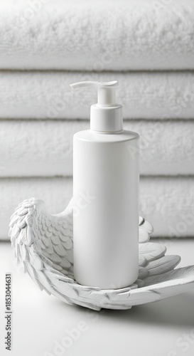 A white pump bottle rests in an angelic, ceramic dish before a backdrop of neatly stacked, folded towels. Soft focus
