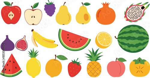 Fresh colorful fruits vector illustration set with apple banana watermelon citrus pineapple and tropical fruit elements