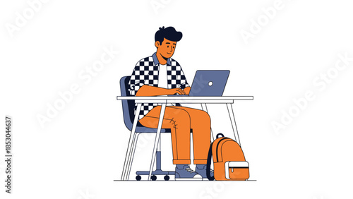 Young student sitting at desk working on laptop computer vector