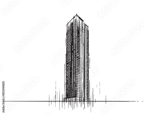 Abstract High rise building sketch. Line art