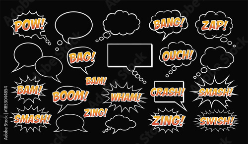 Set of hand-drawn comic speech bubbles and sound effects vector doodle elements for graphic design isolated on white background
