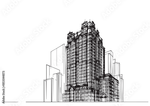 High rise building sketch. Line art