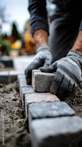Close-up of Construction Worker Placing Concrete Paving Stones on Sand