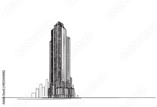 High rise building sketch. Line art