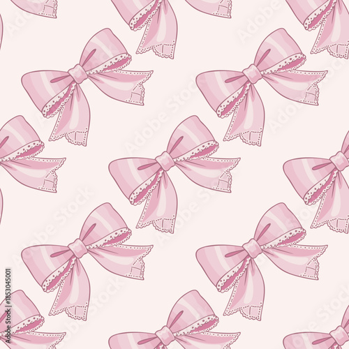 Vector seamless coquette pattern with soft pastel pink bows on light pink background