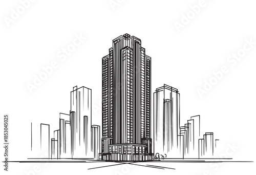 High rise building sketch. Line art