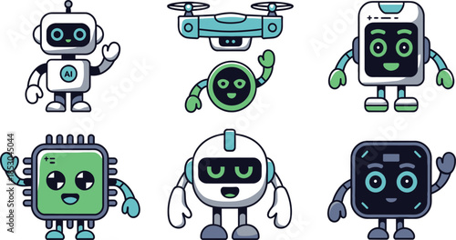 Cute Kawaii Cartoon Robot Characters Set in Flat Vector Style With Thick Outlines