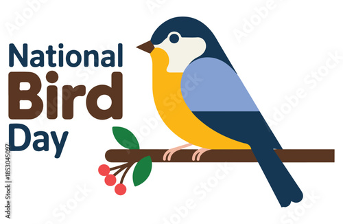 Blue Bird Perched on Branch with Berries on National Bird Day