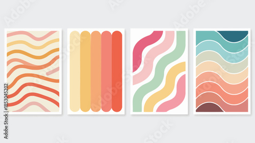 Set of four abstract art prints with colorful wavy lines and rounded shapes in various pastel hues on white background