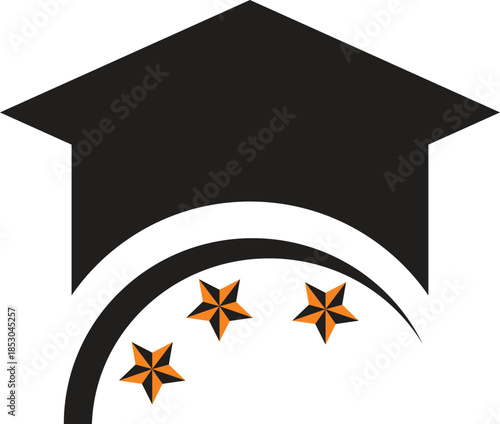 Black and white vector illustration of a graduation cap label with a ribbon symbol representing academic success and university degree achievement isolated on white for education learning