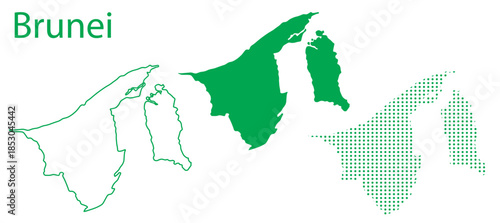 Brunei Map Vector Set, Southeast Asia Outline Silhouette Dotted Green Shapes, Brunei Country Infographic Template, Editable EPS Brunei Geography