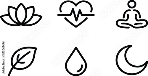 Minimalist Wellness and Nature Icon Set in Flat Vector Style With Clean Black Outlines