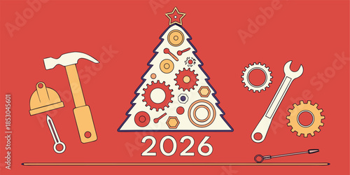 2026 New Year greeting card featuring a symbolic Christmas tree made of construction tools, 3D rendered festive vector design.