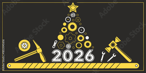 Symbolic Christmas tree built with construction tools, 3D render for 2026 New Year greeting card, unique festive vector design.