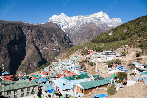 Namche Bazar town view with Kongde Ri peak in the background, Nepal