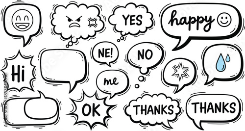 Collection of hand drawn speech bubbles and thought bubbles in various shapes and styles