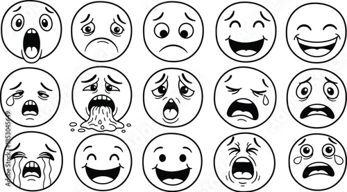 Hand drawn dissatisfied sad faces, smiles vector set isolated on white background illustration