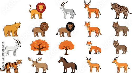 Flat vector wildlife animal illustration set with lions deer fox wolves bears trees and safari nature icons